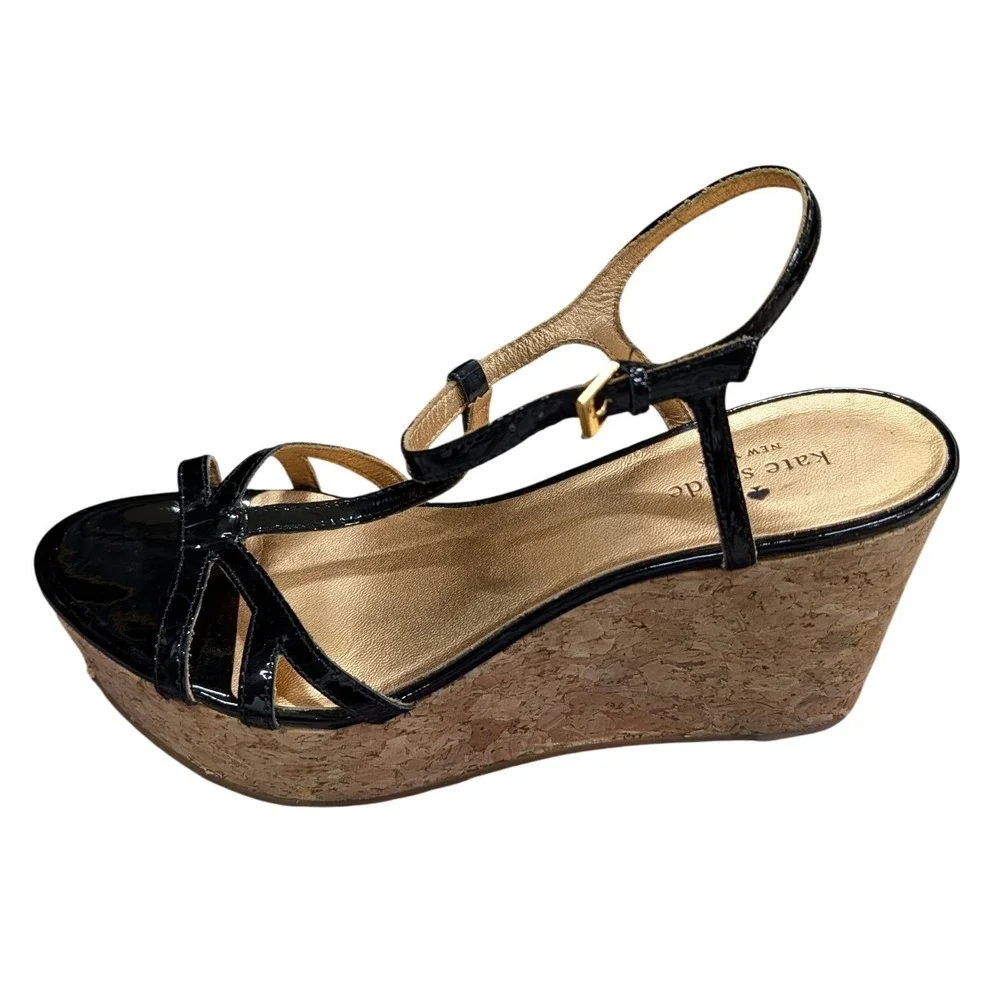 Kate Spade Theodora Black Patent Leather Cork Wedge‎ T-Strap Sandals- Size 10